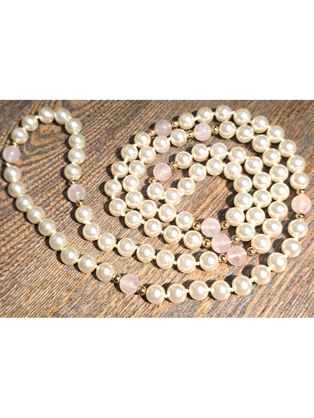 Faux Pearl Rose Genuine Quartz Knotted Cord Necklace